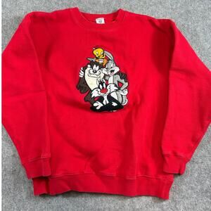 VINTAGE 90s Looney Tunes Warner Bros Sweatshirt Kids XL Red Embroidered Crewneck